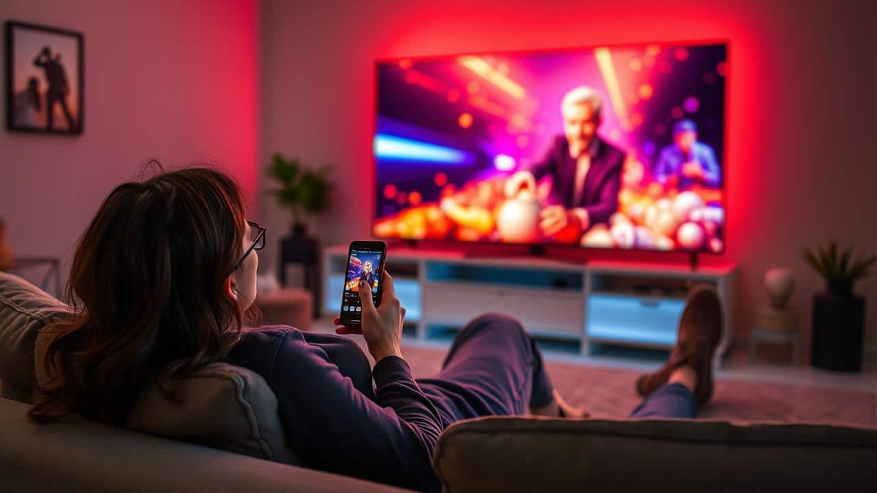 Pessoa relaxando no sofá, transmitindo conteúdo do smartphone para a TV com Chromecast.