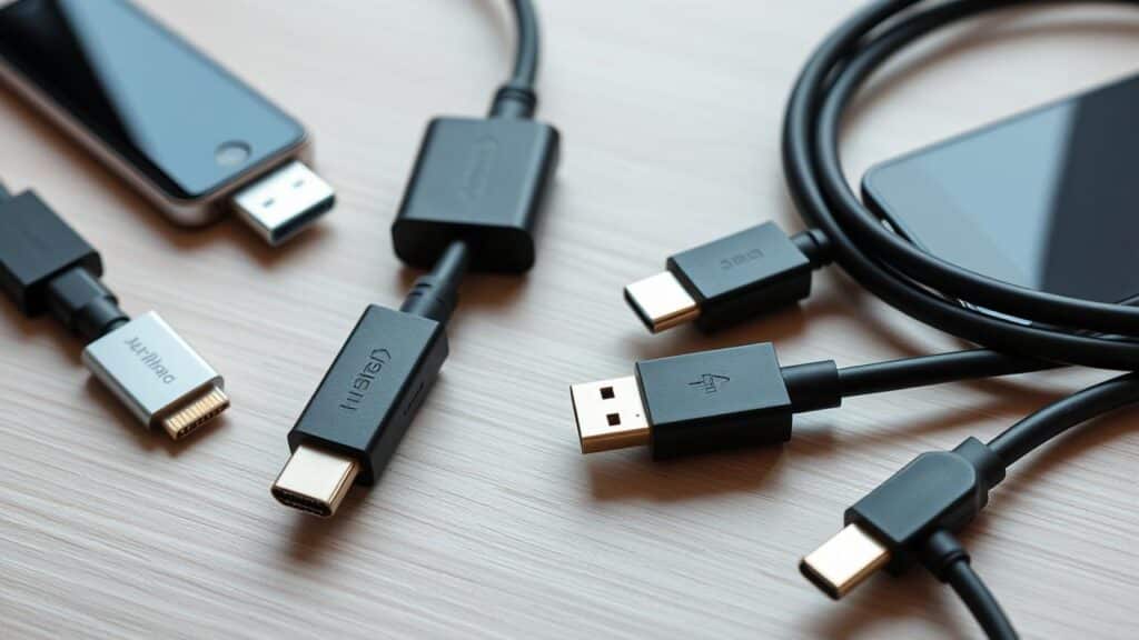 Close-up de cabos e adaptadores USB-C para HDMI e MHL, para conexão de celular à TV.