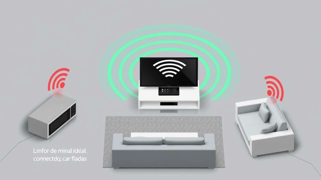 Diagrama isométrico: roteador Wi-Fi centralizado e Chromecast em sala de estar, mostrando sinal e interferência.