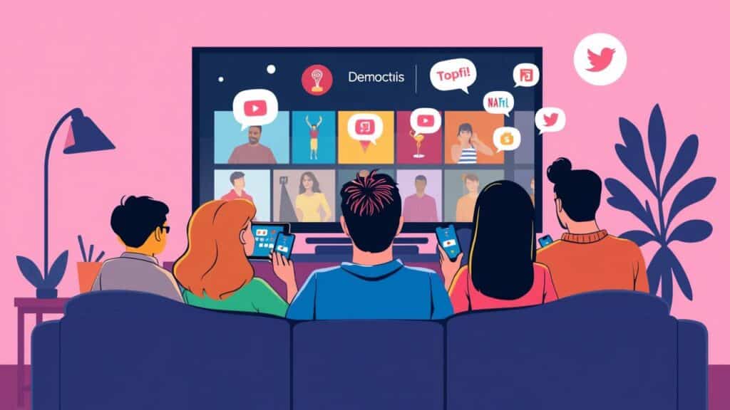 Ilustração de pessoas assistindo streaming em várias telas.
