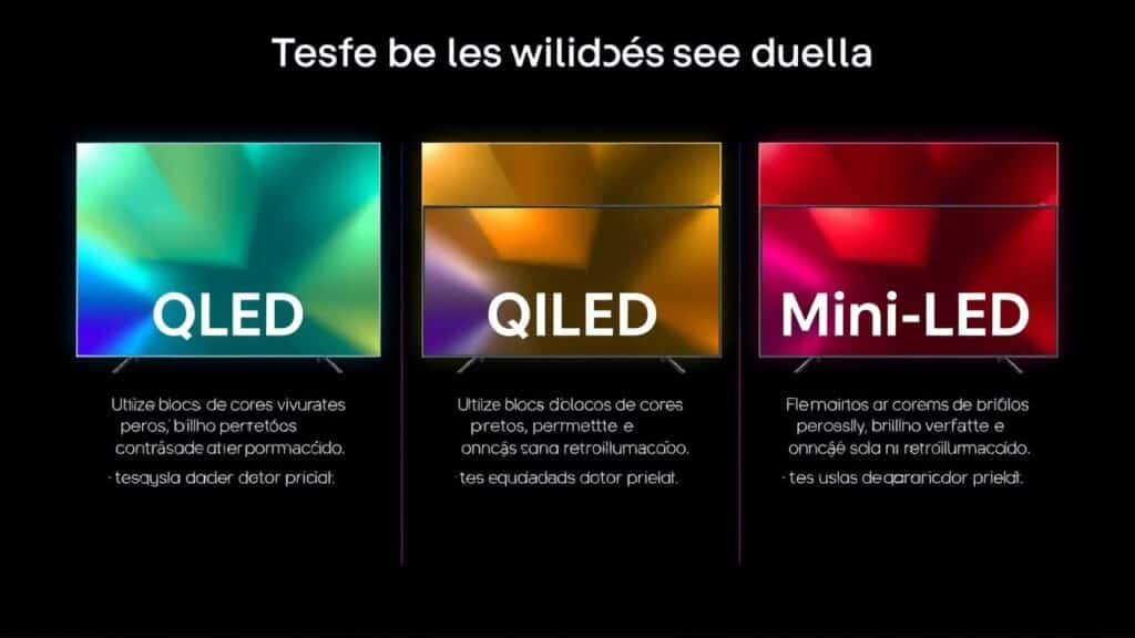 Infográfico abstrato comparando tecnologias de tela OLED, QLED e Mini-LED.