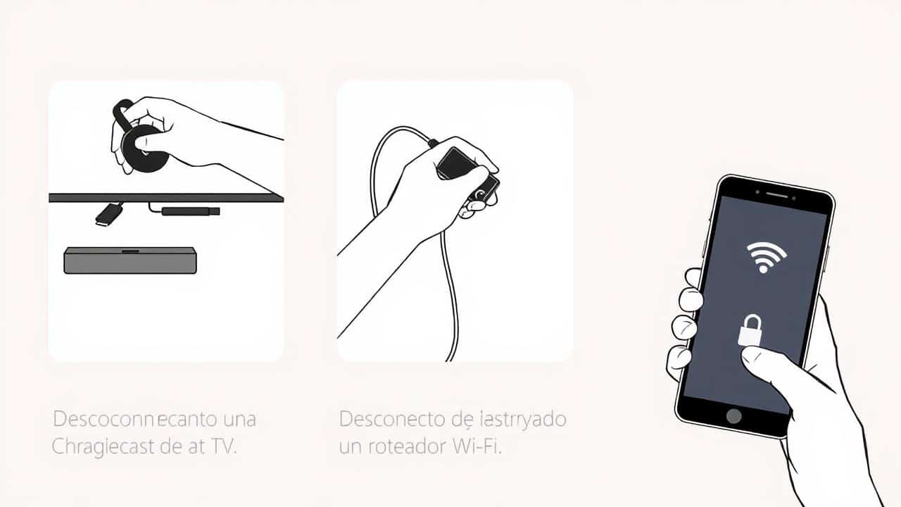 Sequência visual de reinicialização do Chromecast, roteador e smartphone.