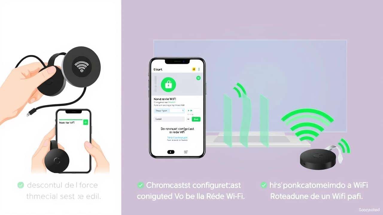 Ilustração de três passos básicos para resolver problemas do Chromecast: reiniciar, verificar rede e aproximar.