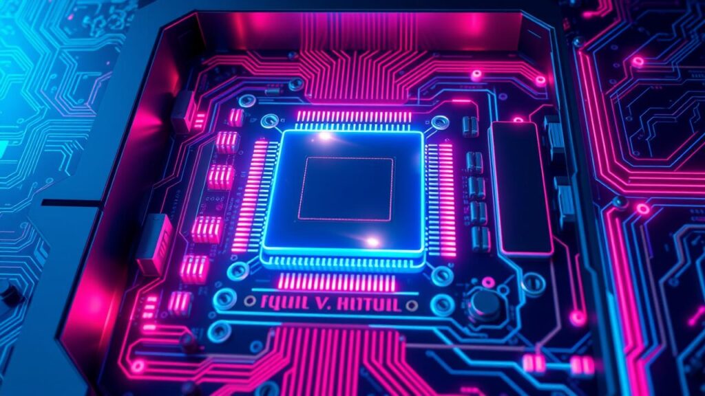 Ilustração futurista de processador octa-core, RAM e armazenamento de uma TV Box.