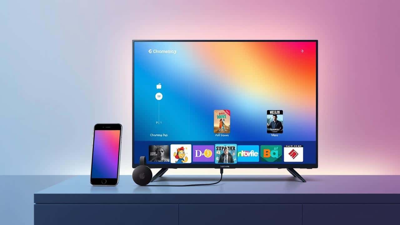 Ilustração de TV com apps de streaming e smartphone conectado a Chromecast.