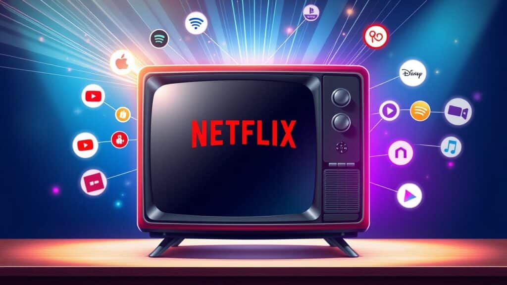 Ilustração conceitual de uma TV comum sendo aprimorada com serviços de streaming.