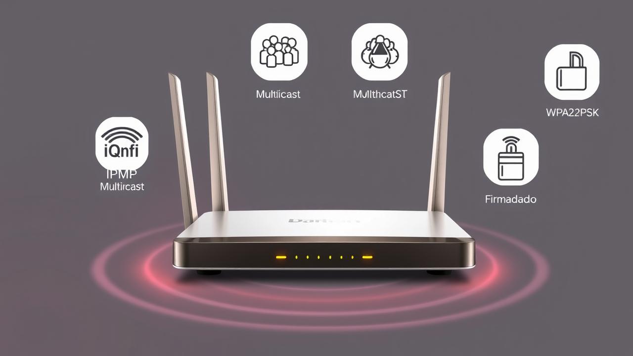 Roteador Wi-Fi com ícones de configurações essenciais para Chromecast, como UPnP e WPA2-PSK.