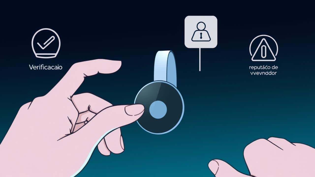 Mãos inspecionando um Chromecast usado, com símbolos de segurança e verificação.