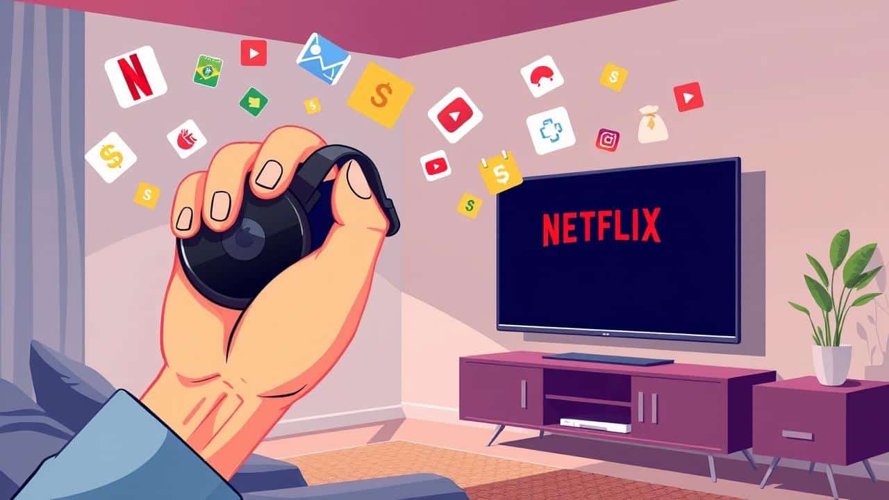 Mão segurando Chromecast com ícones de streaming e dinheiro, simbolizando economia.