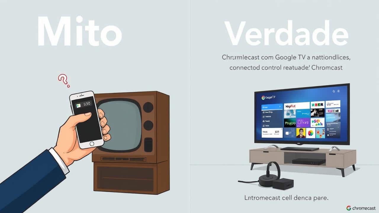 Ilustração conceitual comparando mitos e verdades sobre o Chromecast e seu uso.