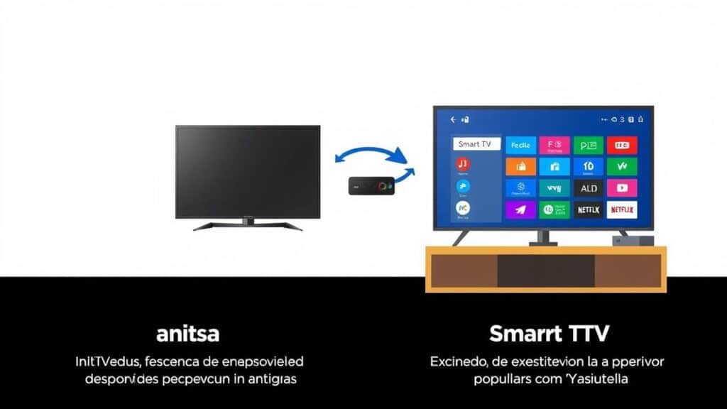 Infográfico mostrando como uma TV Box transforma uma TV comum em uma Smart TV.
