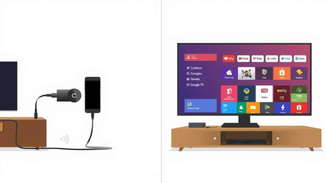 Evolução do Chromecast: comparação entre dongle antigo e Google TV com controle.