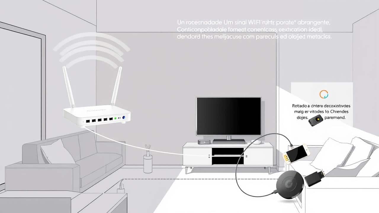 Ilustração de posicionamento ideal de roteador e Chromecast em uma sala.