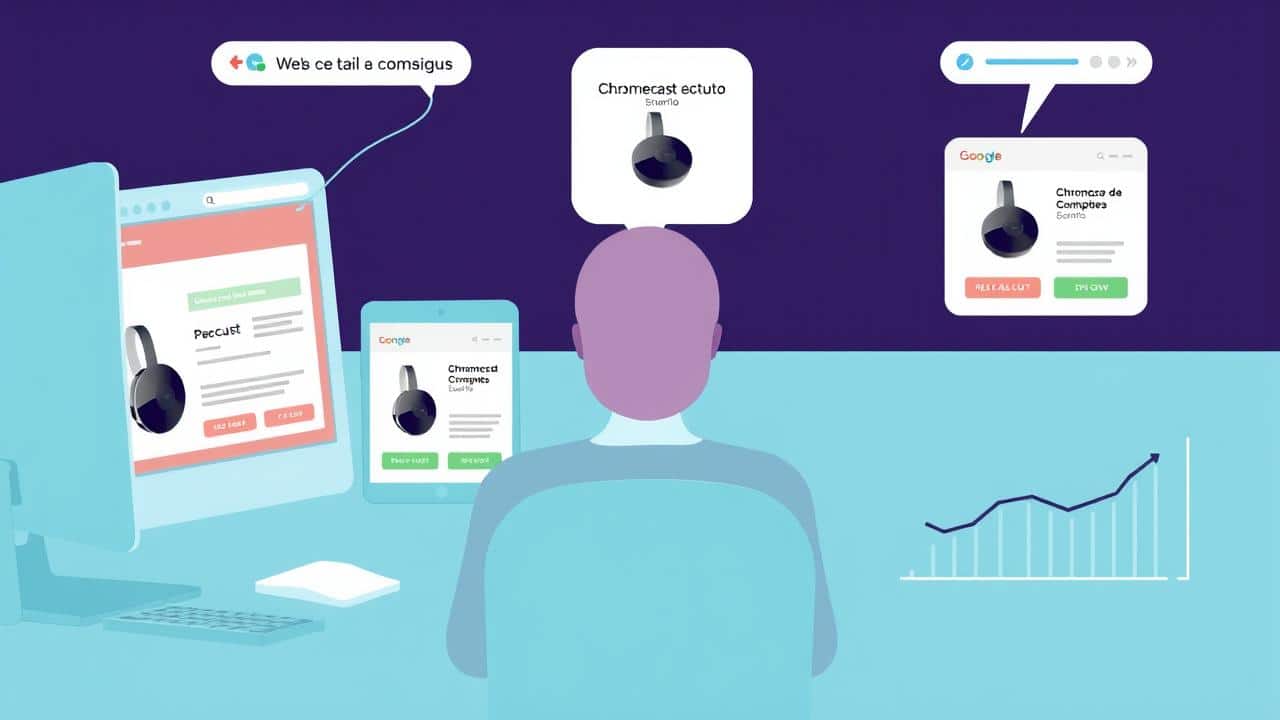 Pessoa comparando preços de Chromecast em telas digitais, simbolizando pesquisa de mercado.
