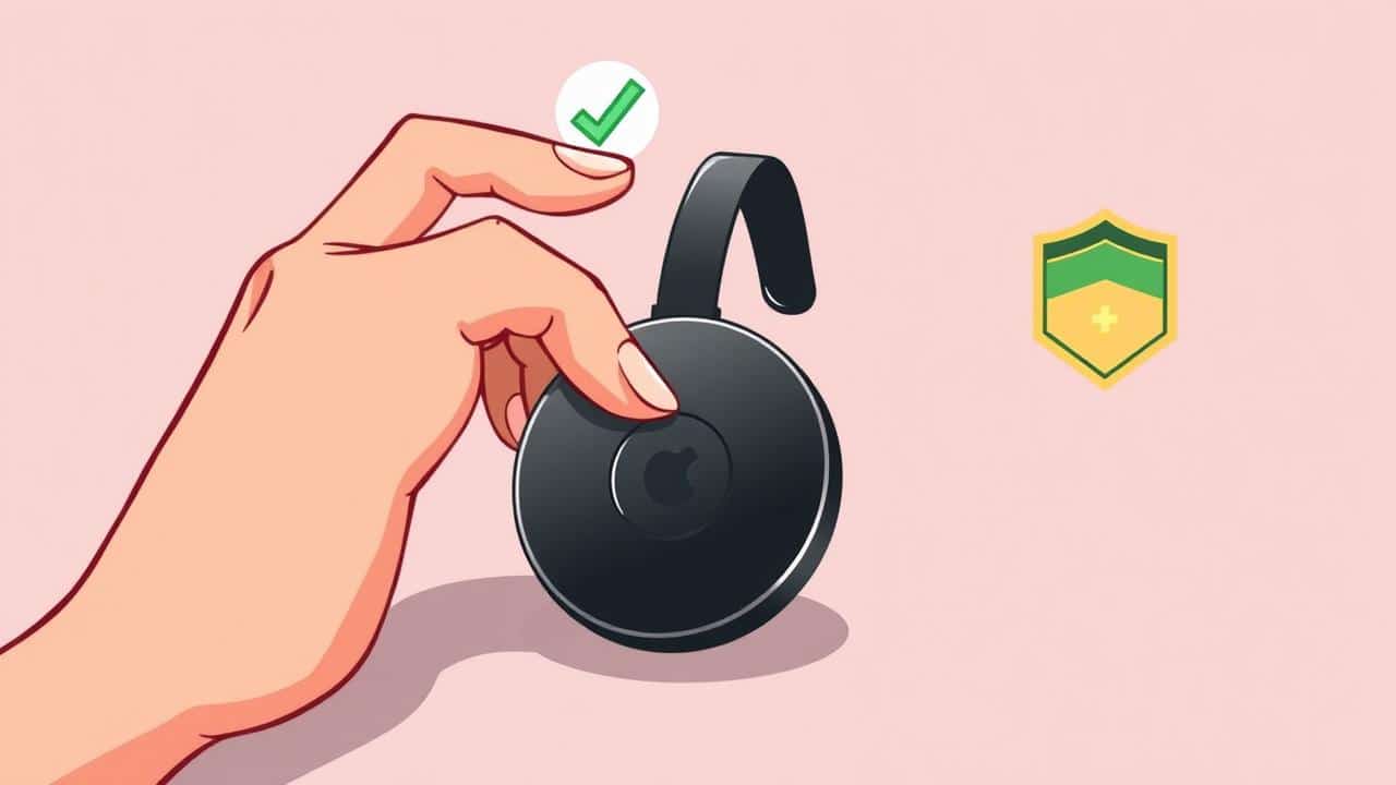 Mão inspecionando Chromecast 4K usado para compra segura.