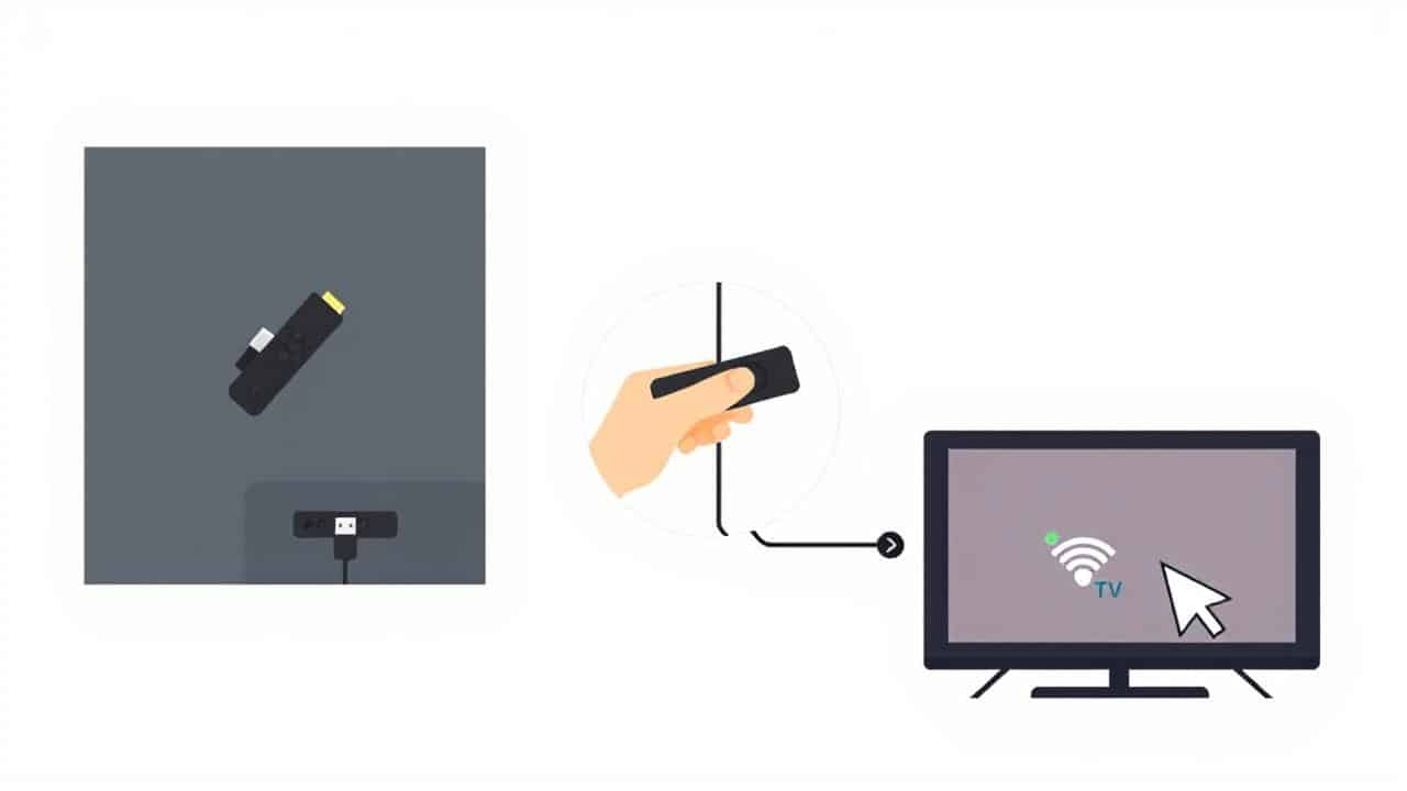 Passos de instalação do Fire TV Stick em ilustração flat design.