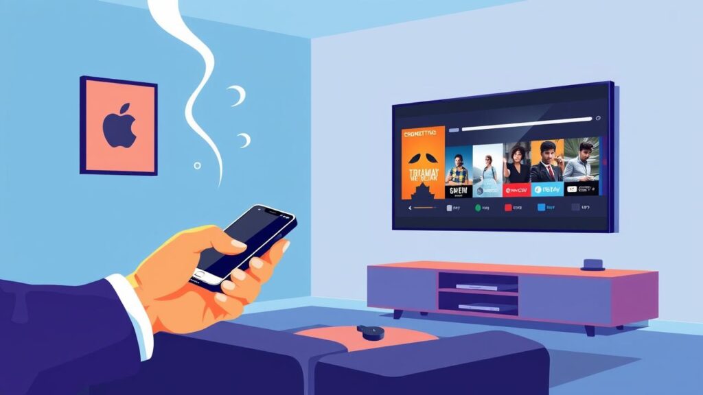 Ilustração de um smartphone transmitindo conteúdo sem fio para a TV, com o Chromecast em destaque.