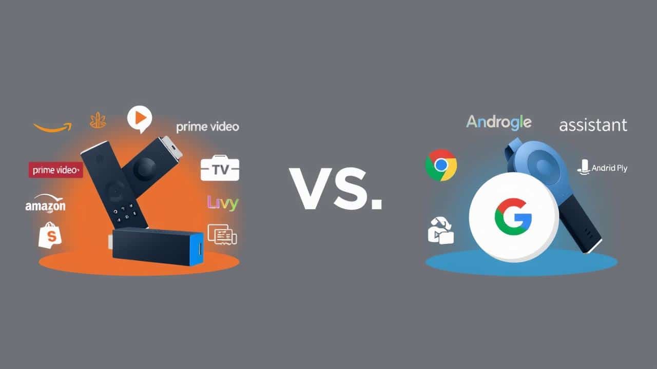 Ilustração comparando ecossistemas Fire OS da Amazon e Android TV do Google
