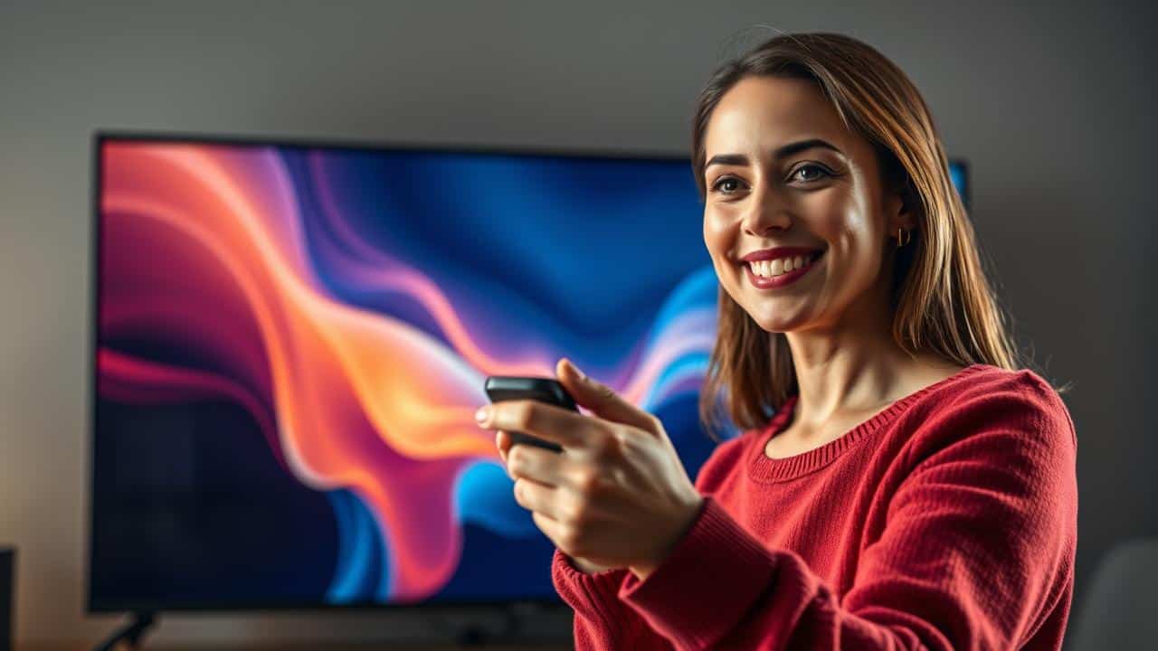 Pessoa confiante segurando controle remoto com TV 4K vibrante ao fundo.