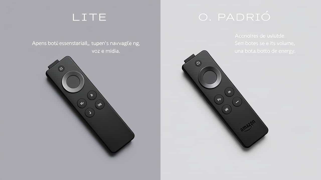 Comparação visual de dois controles remotos do Fire TV Stick, destacando a presença ou ausência de botões de volume/energia.