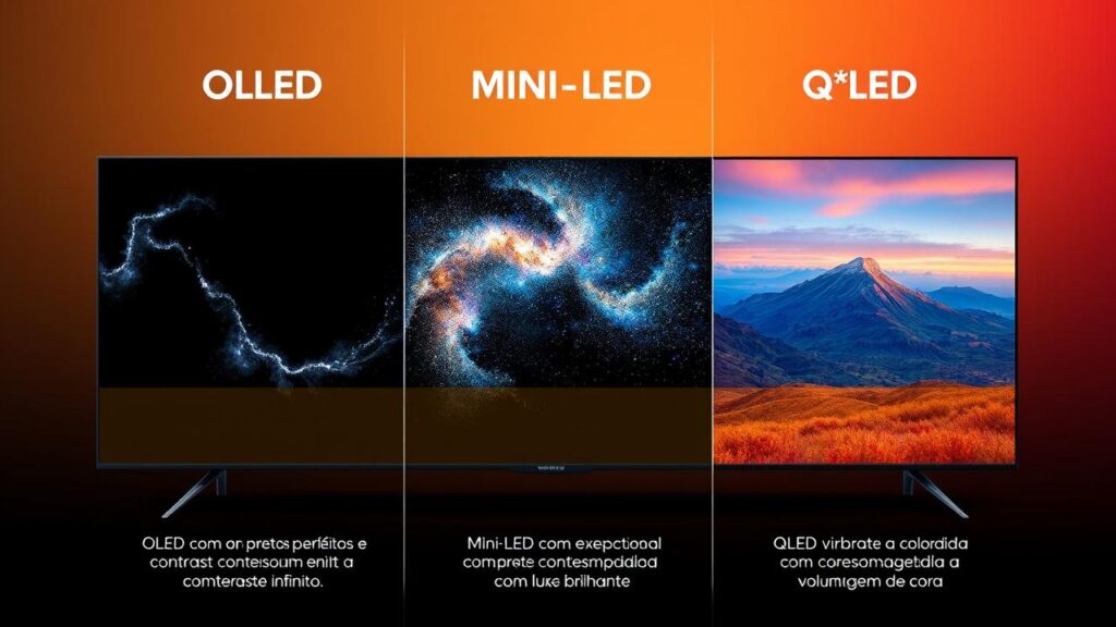 Infográfico comparativo das tecnologias de tela OLED, Mini-LED e QLED, destacando suas qualidades.