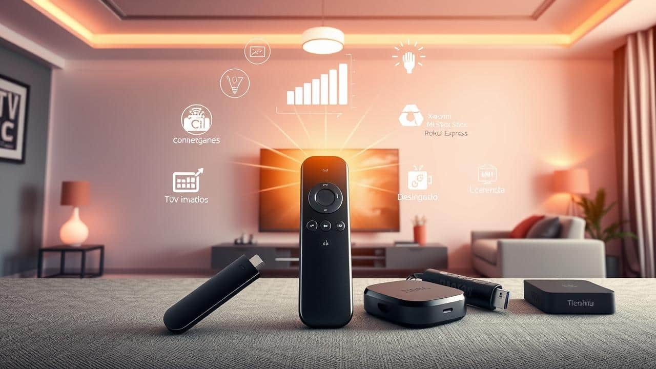 Imagem isométrica comparando dispositivos de streaming: Fire TV Stick, Mi Stick e alternativas