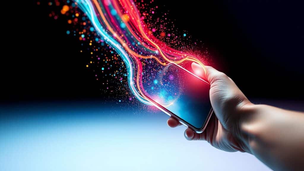 Imagem abstrata de um smartphone abrindo um universo de possibilidades em uma tela grande.