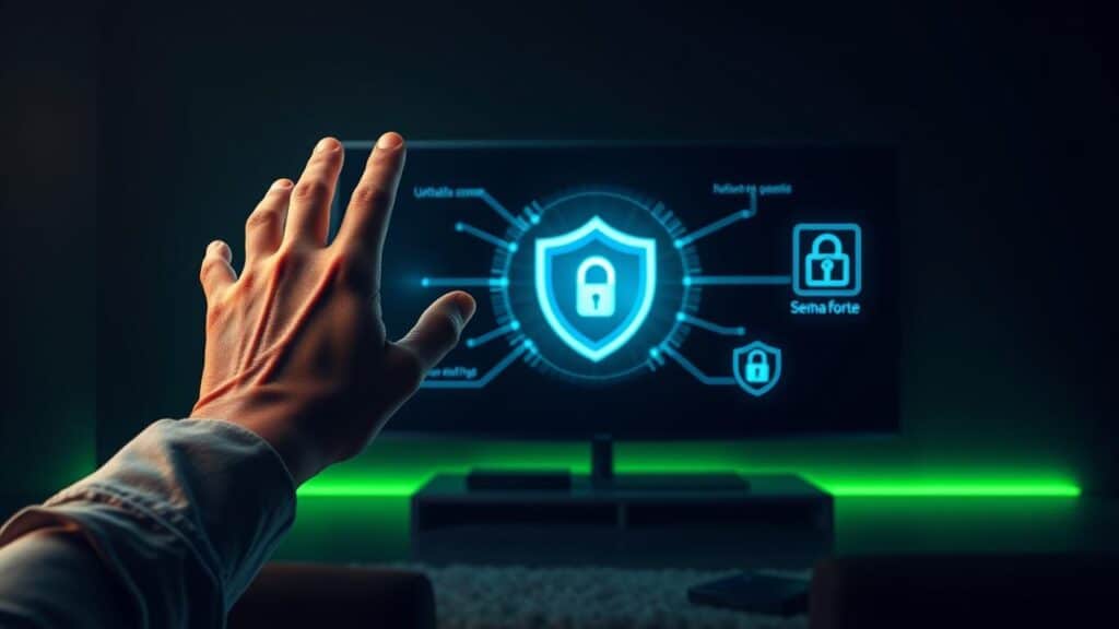 Mão virtual controlando Smart TV com símbolos de segurança digital e proteção de dados.