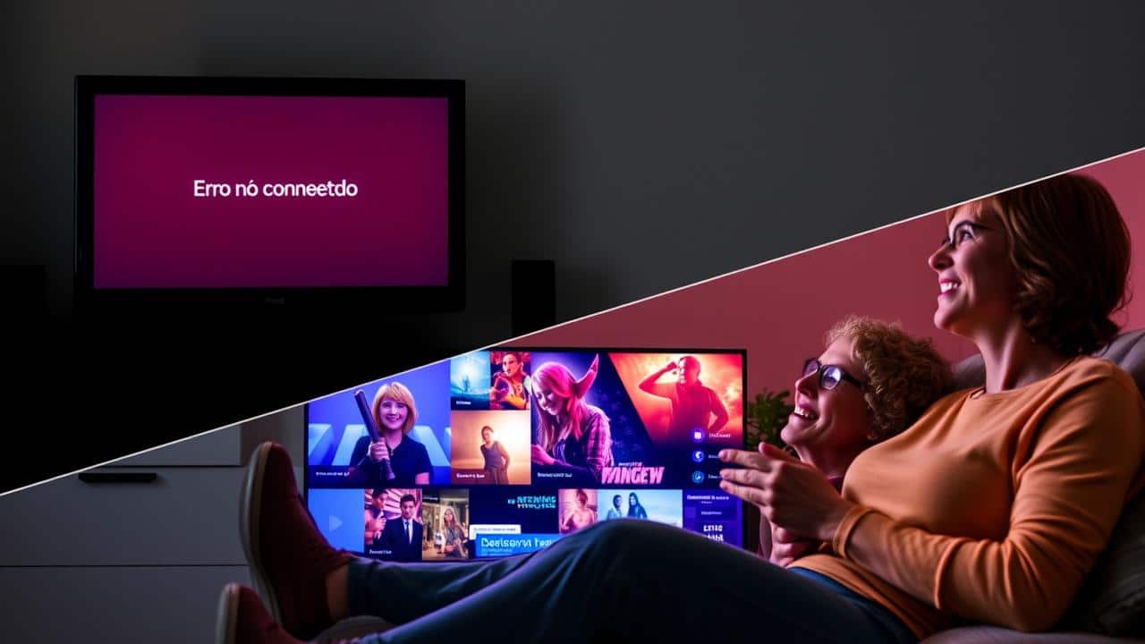 Tela dividida: frustração com Chromecast desconectado vs. alegria do streaming.