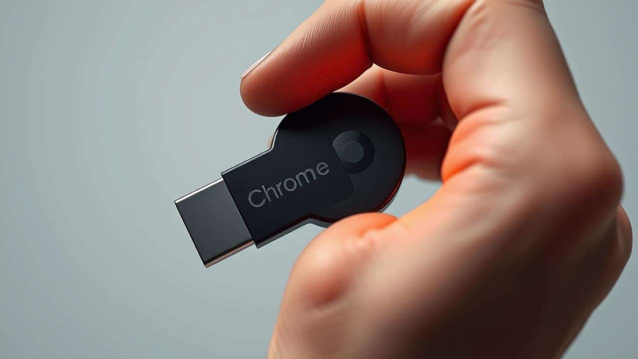 Mão pressionando o botão de redefinição de fábrica do Chromecast.