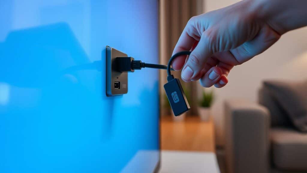 Mão conectando um cabo HDMI de um adaptador na parte traseira de uma TV.