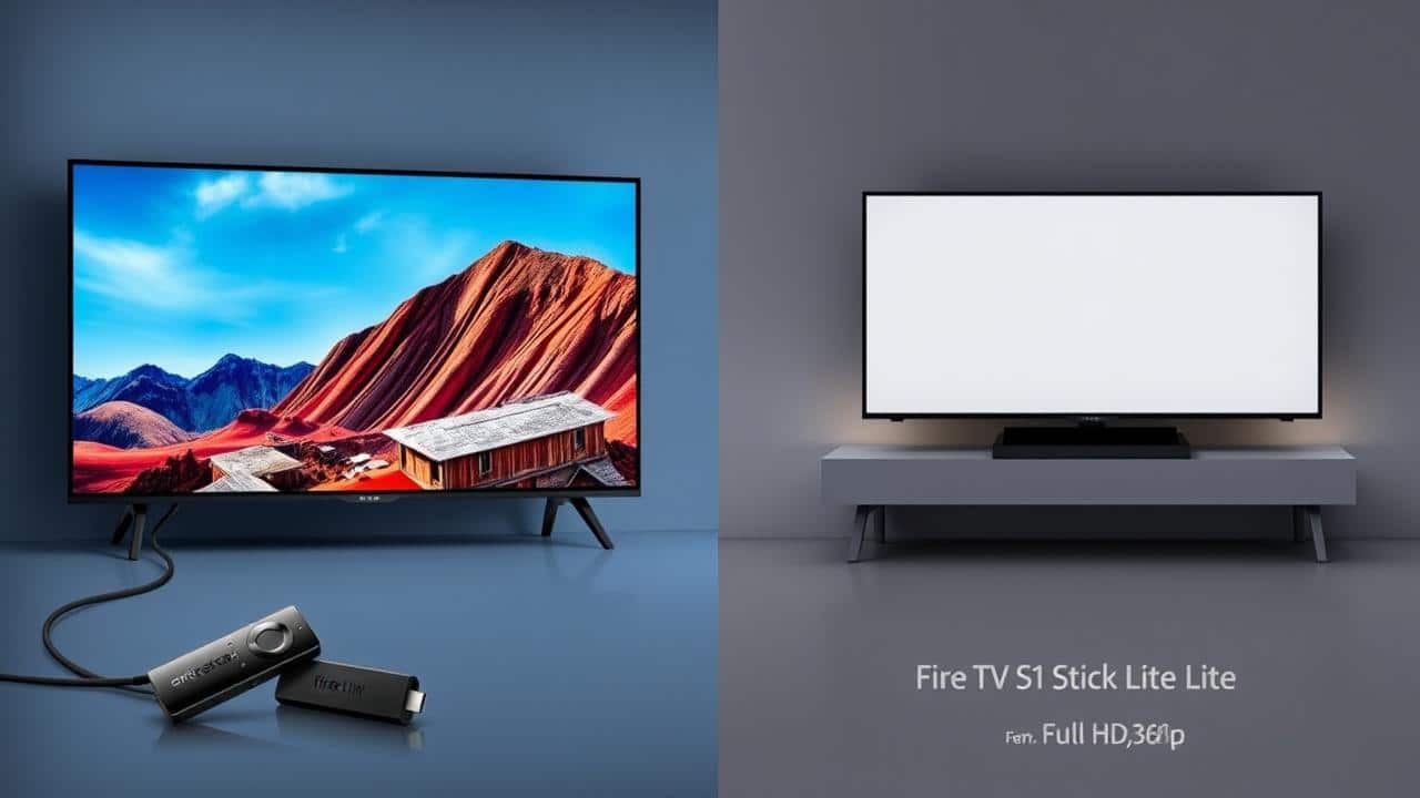 Comparativo visual entre Fire TV Stick 4K exibindo conteúdo 4K e Fire TV Stick Lite exibindo Full HD em televisores.