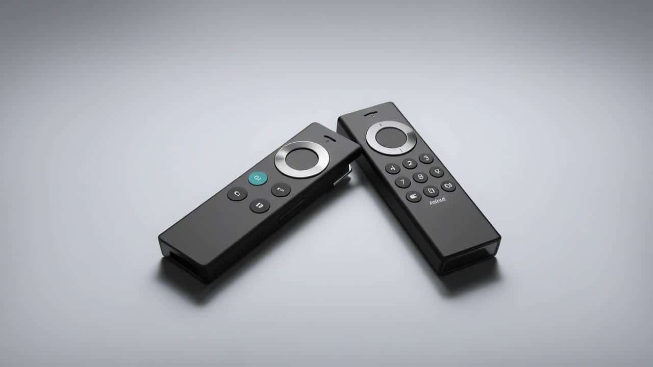 Comparação visual dos controles remotos Fire TV Stick 4K e Lite, destacando a presença ou ausência de botões de volume e energia.
