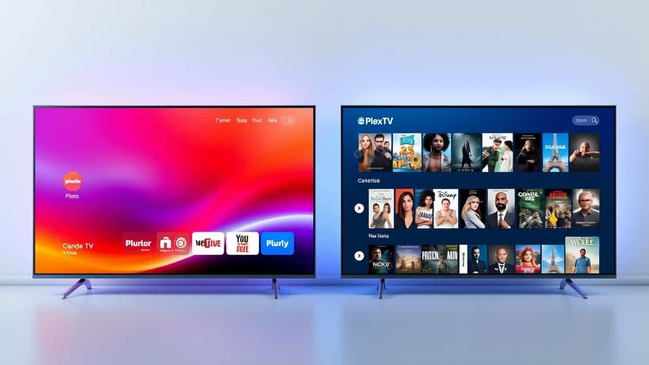 Comparativo visual das interfaces do Pluto TV (TV ao vivo) e Plex TV (biblioteca de mídia pessoal).