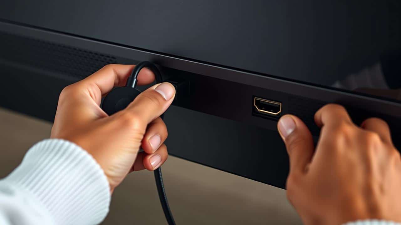 Mãos conectando o Chromecast à porta HDMI de uma TV e à tomada elétrica.