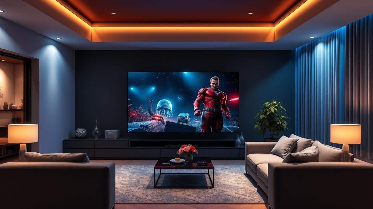 Sala de estar com TV exibindo conteúdo em 4K HDR e Dolby Vision