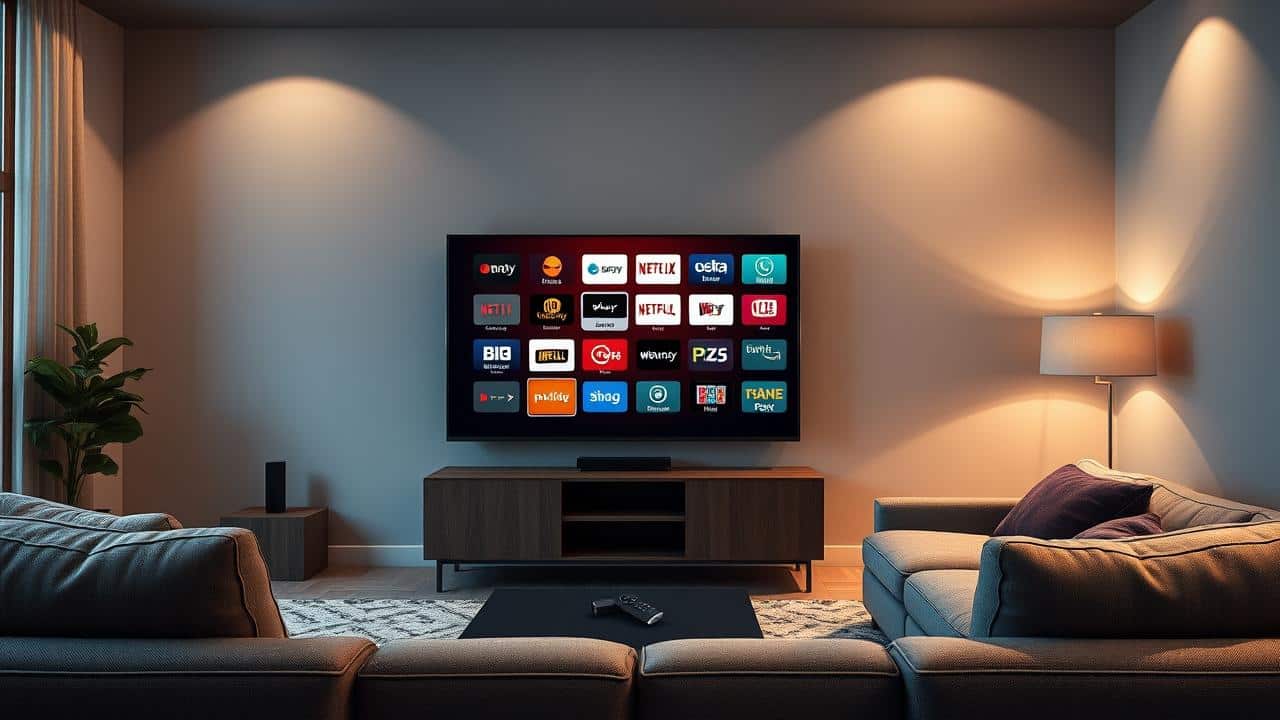 Sala de estar moderna com TV Smart e Fire TV Stick.