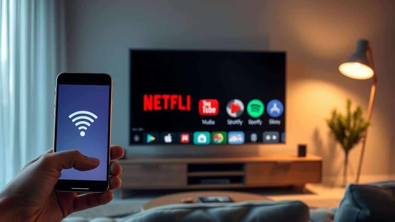Chromecast: smartphone conectado à TV via Wi-Fi, exibindo apps de streaming.