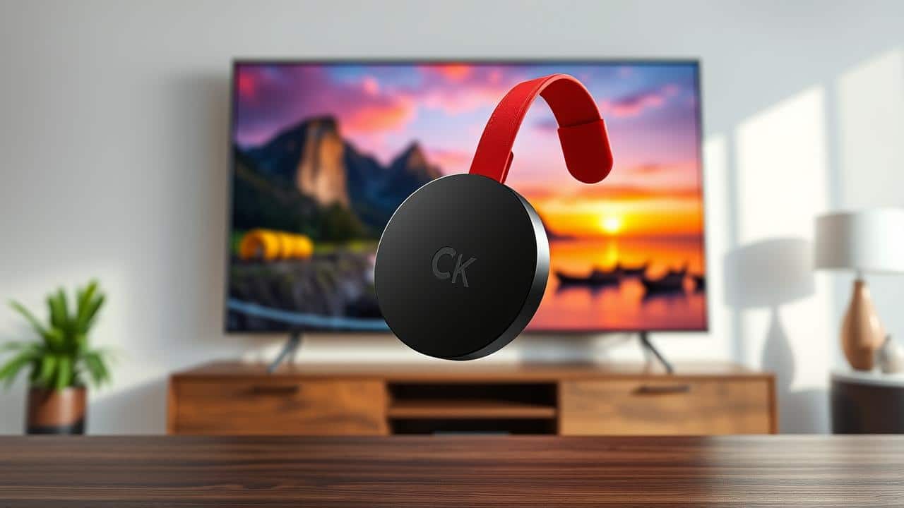 Chromecast Ultra em frente a uma TV exibindo conteúdo 4K HDR vibrante, destacando a alta resolução e desempenho.