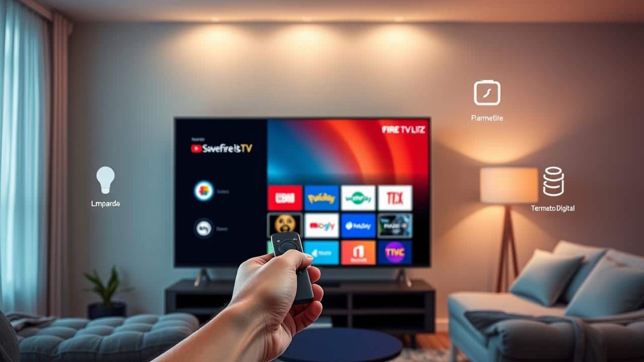 Sala de estar moderna com TV exibindo streaming, Amazon Fire TV Stick Lite conectado, e controle remoto por voz controlando dispositivos inteligentes.