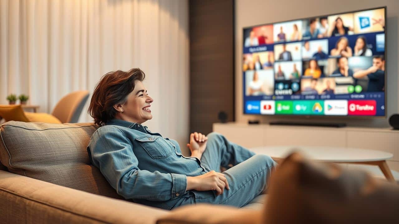 Pessoa relaxada assistindo TV em casa, simbolizando a experiência simples do Pluto TV.