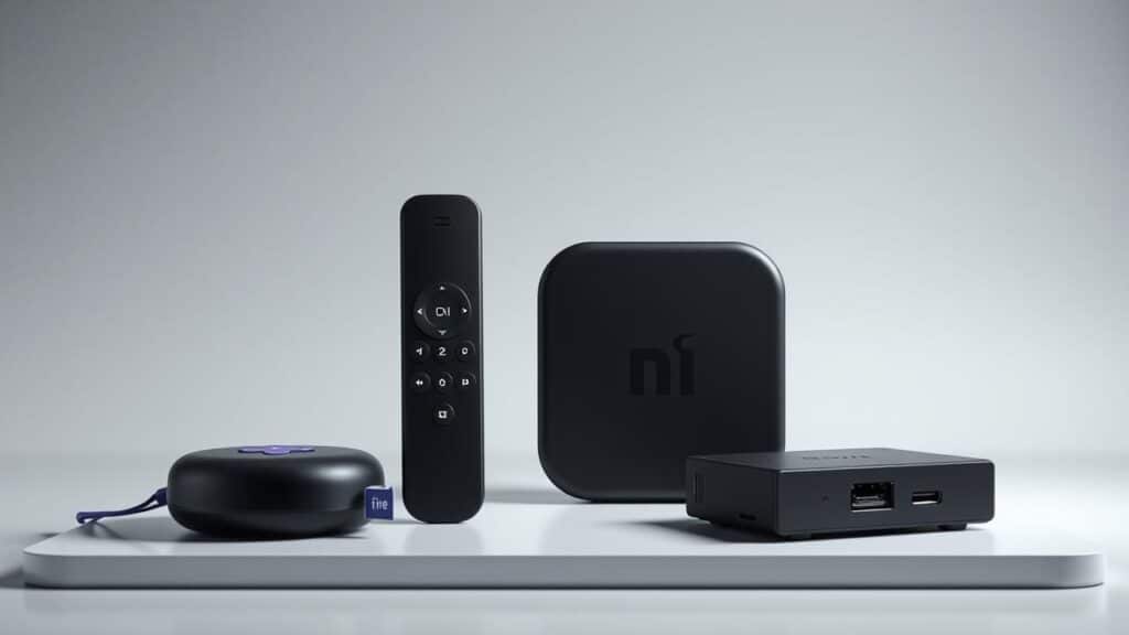 Imagens estilizadas de dispositivos de streaming alternativos: Roku Express, um stick de streaming e uma TV Box.