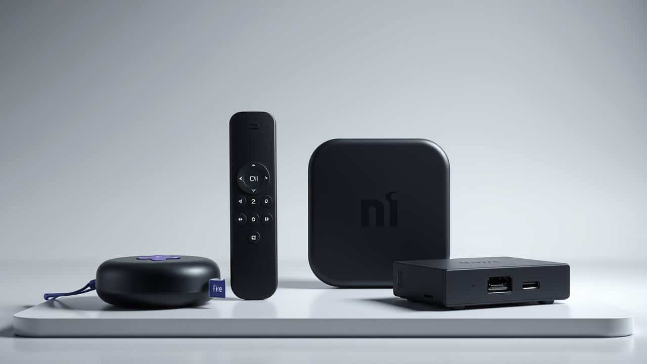 Imagens estilizadas de dispositivos de streaming alternativos: Roku Express e TV Box