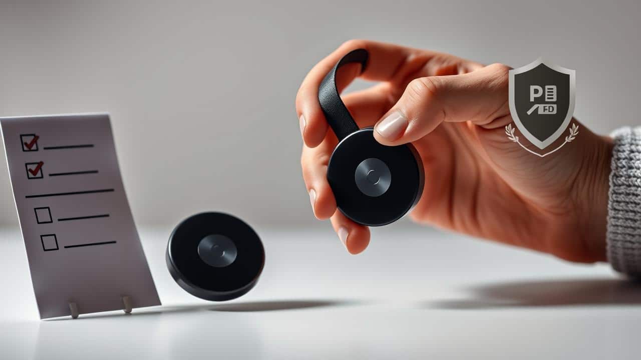 Mãos inspecionando um Chromecast usado, com checklist e ícones de segurança.