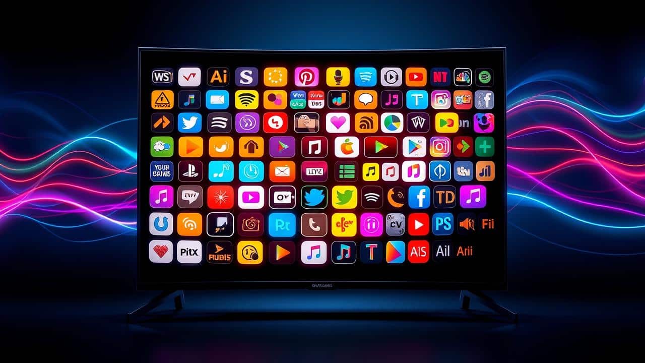 Tela de TV com ícones de apps de streaming.