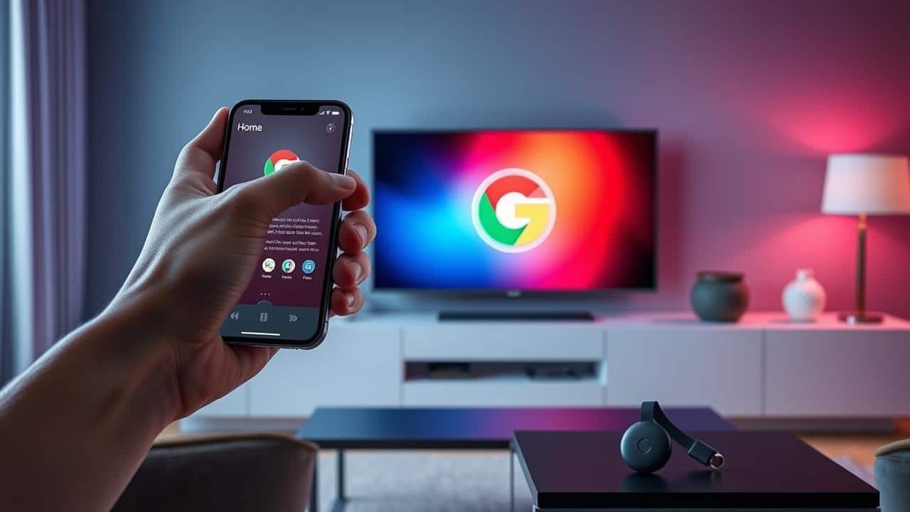 Mão segurando smartphone com app Google Home controlando Chromecast em TV moderna com controle remoto ao lado, em sala de estar aconchegante.
