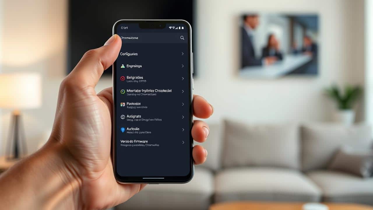 Uma mão segurando um smartphone com a tela do aplicativo Google Home, mostrando as configurações de atualização de um Chromecast.