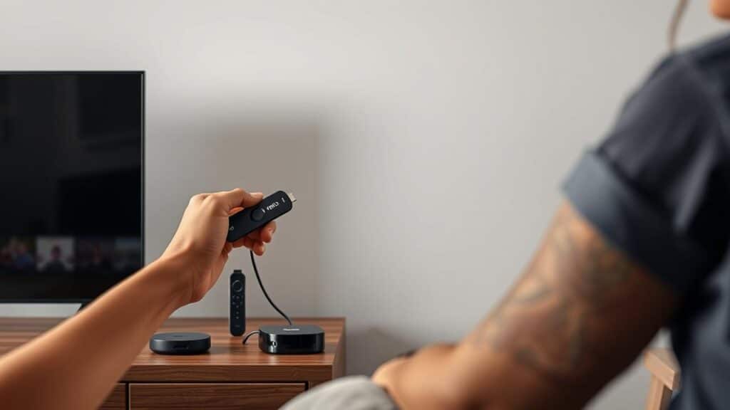 Mão conectando um TV Stick em uma TV com outros dispositivos de streaming próximos.