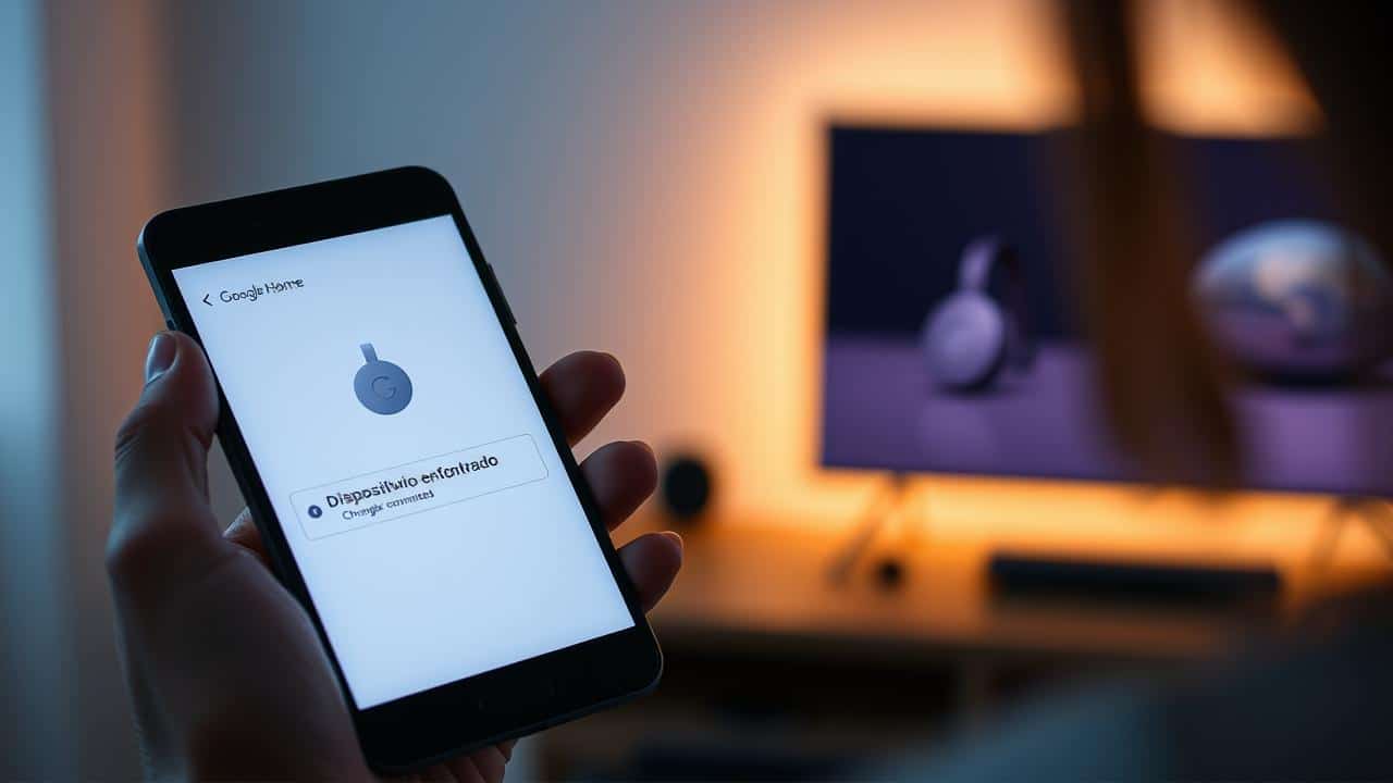 Mão com smartphone e Google Home, detectando Chromecast.