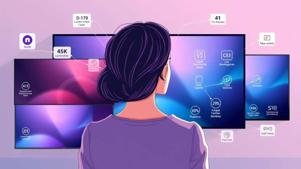 Pessoa pensativa diante de telas de TV 4K, ilustrando a complexidade da escolha.